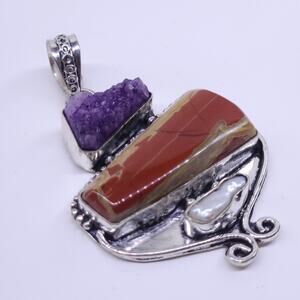 Bold Tiger’s Eye, Freshwater Pearl & Hot Pink Agate Sterling Silver Pendant